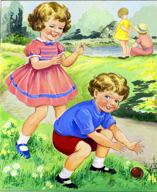 Two Children Playing with a Ball (Original) (Signed) by E V Abbott Art at The Illustration Art Gallery