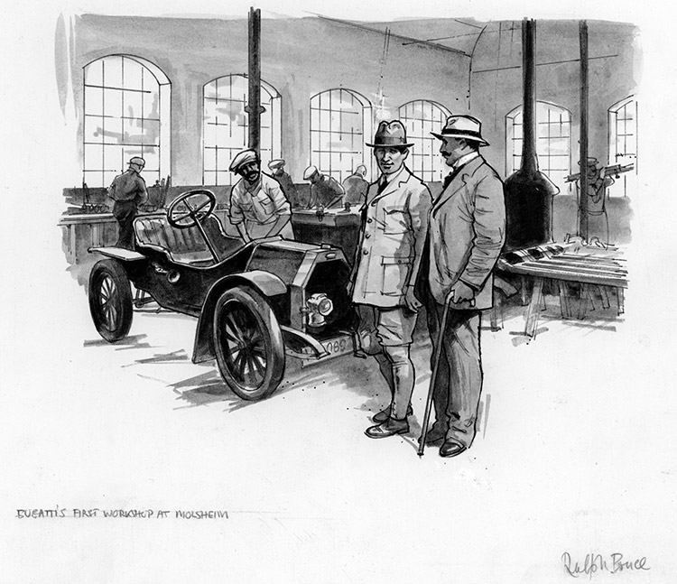Bugatti's First Workshop at Molsheim (Original) (Signed) by Ralph Bruce at The Illustration Art Gallery