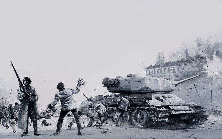 Hungarian Uprising: Tank Fires a Shell (Original) by Other Military Art (Coton) at The Illustration Art Gallery