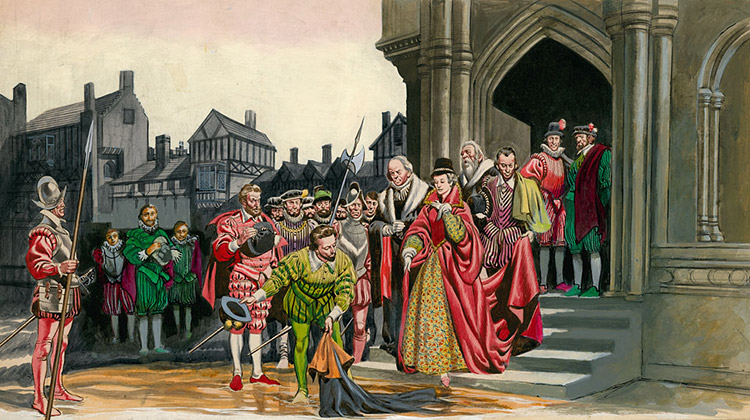 Sir Walter Raleigh puts down his cloak for Queen Elizabeth I (Original) by British History (Ron Embleton) at The Illustration Art Gallery