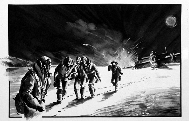 Crew of a Crash-landed Halifax Bomber Escape across a Frozen Lake (Original) by Land (Wilf Hardy) at The Illustration Art Gallery