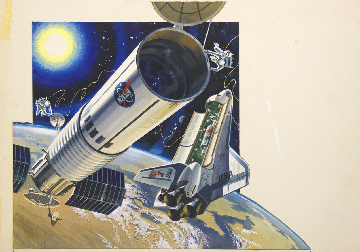 The Space Shuttle and the Hubble Space Telescope (Original) (Signed) art by Space (Wilf Hardy) at The Illustration Art Gallery