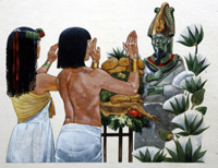 Offerings of food to the God Osiris art by Richard Hook