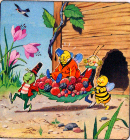 Gregory Grasshopper and his pals carry Mr Bumblebee (Original) by Gregory Grasshopper (Gordon Hutchings) at The Illustration Art Gallery