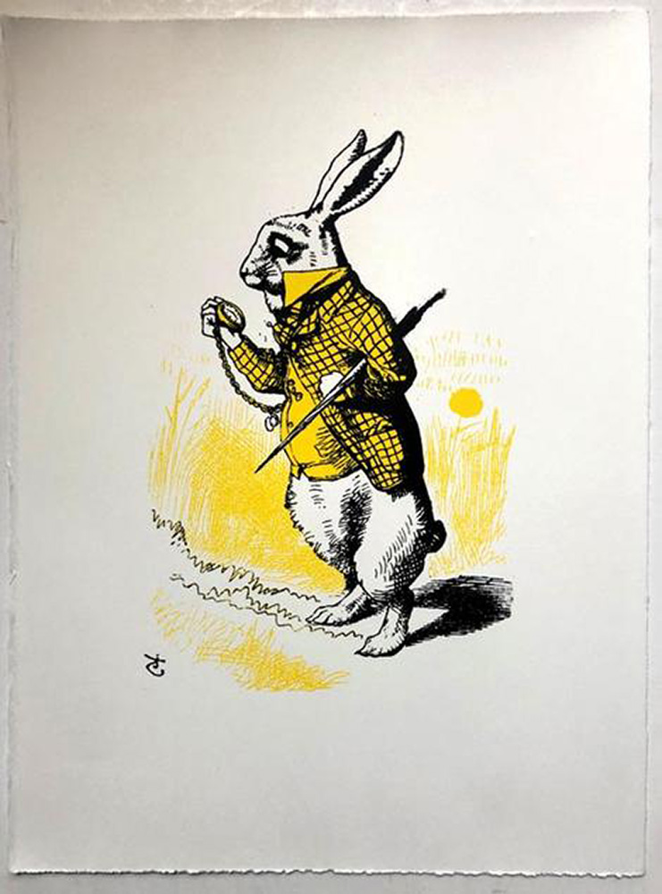The White Rabbit looking at his watch, in yellow (Print) (Signed) art by John Tenniel at The Illustration Art Gallery