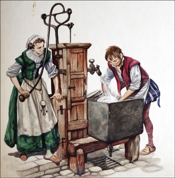 A Tudor Kitchen Water Pump (Original) by British History (Peter Jackson) at The Illustration Art Gallery