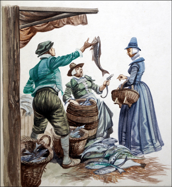 Fish Sellers of Tudor Times (Original) by British History (Peter Jackson) at The Illustration Art Gallery