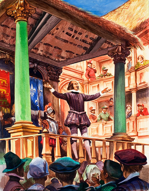 Shakespeare on Stage of the newly built Globe Theatre (Original) by British History (Peter Jackson) at The Illustration Art Gallery