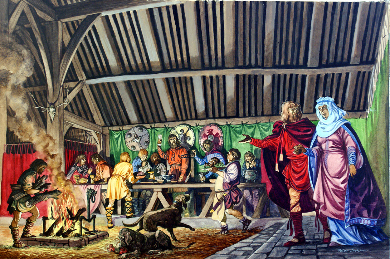 Anglo-Saxon Thane leads his Wife into the Great Hall (Original) (Signed) art by British History (Peter Jackson) at The Illustration Art Gallery