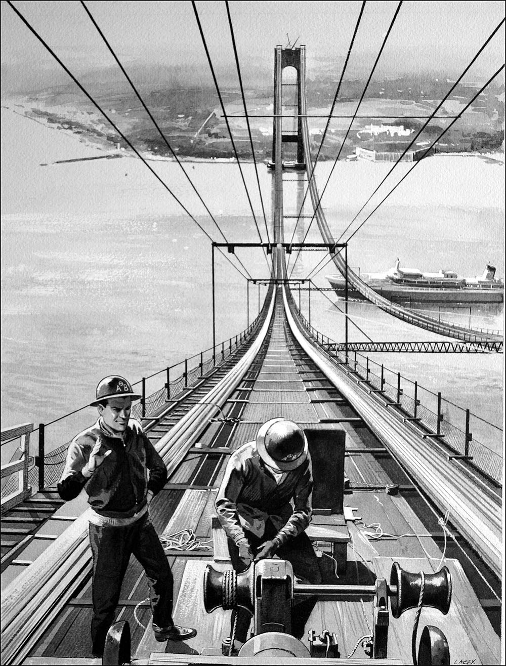 Building a Suspension Bridge (Original) (Signed) art by Bill Lacey Art at The Illustration Art Gallery