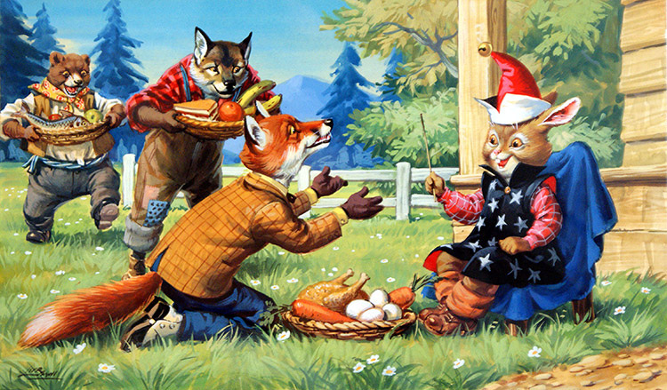Brer Bear, Brer Fox and Brer Wolf are tricked by Brer Rabbit (Original) (Signed) by Virginio Livraghi at The Illustration Art Gallery