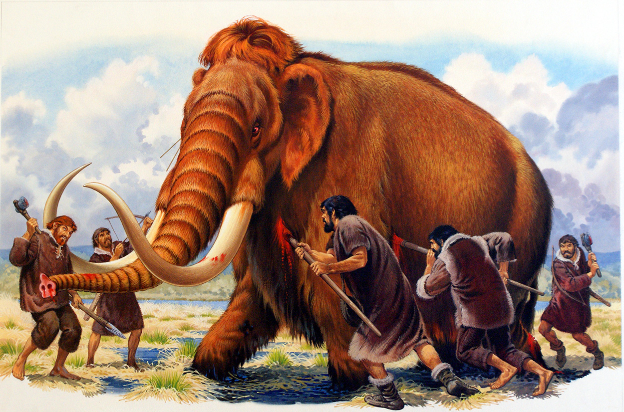 Early Hunters Attacking A Woolly Mammoth By Bernard Long At The Illustration Art Gallery