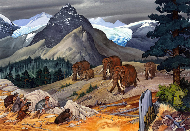 Prehistoric men hunting mammoths (Original) (Signed) by Bernard Long Art at The Illustration Art Gallery