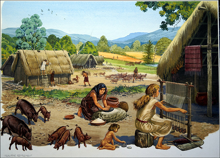 Neolithic Settlement (Original) by Bernard Long Art at The Illustration Art Gallery