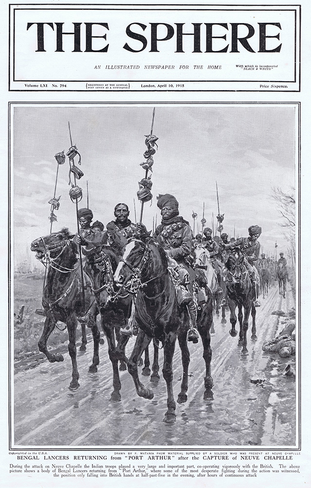 Bengal Lancers returning from Port Arthur after the Capture of Neuve Chapelle (original) (Print) art by 1915 (Matania original prints) at The Illustration Art Gallery