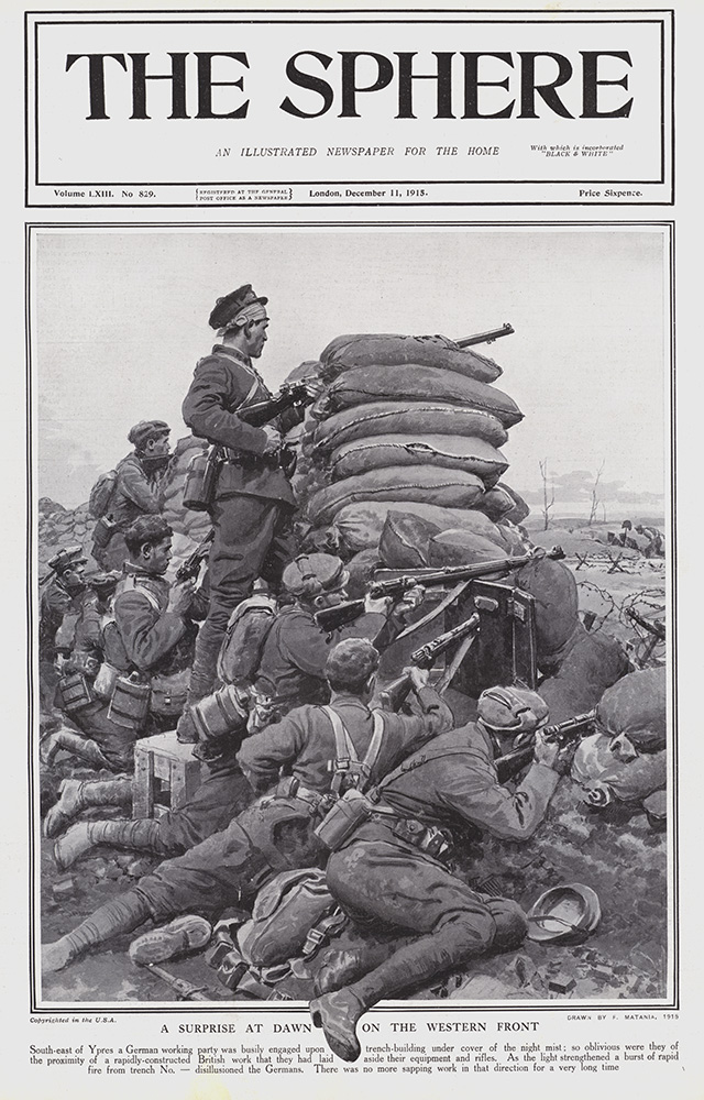 A Surprise at Dawn on the Western Front 1915  (original cover page The Sphere 1915) (Print) art by 1915 (Matania original prints) at The Illustration Art Gallery