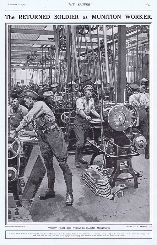 Tommy from the Trenches making Munitions  (original page The Sphere 1915) (Print) by 1915 (Matania original prints) at The Illustration Art Gallery