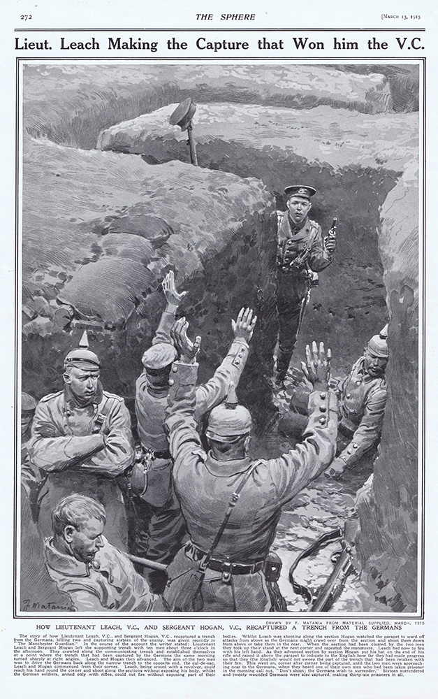 Lieut. Leach Making the Capture that Won Him the VC  (original page The Sphere 1915) (Print) art by 1915 (Matania original prints) at The Illustration Art Gallery