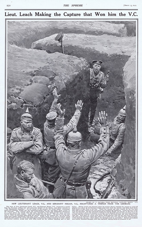 Lieut. Leach Making the Capture that Won Him the VC  (original page The Sphere 1915) (Print) by 1915 (Matania original prints) at The Illustration Art Gallery