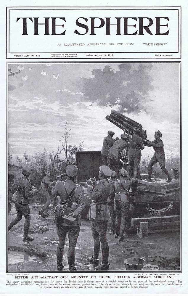 British Anti Aircraft Gun shelling a German aeroplane 1915  (original cover page) (Print) art by 1915 (Matania original prints) at The Illustration Art Gallery