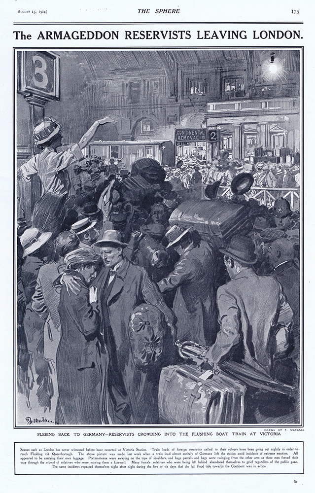 The Armageddon Reservists Leaving London 1914  (original cover page The Sphere 1914) (Print) art by 1914 (Matania original prints) at The Illustration Art Gallery