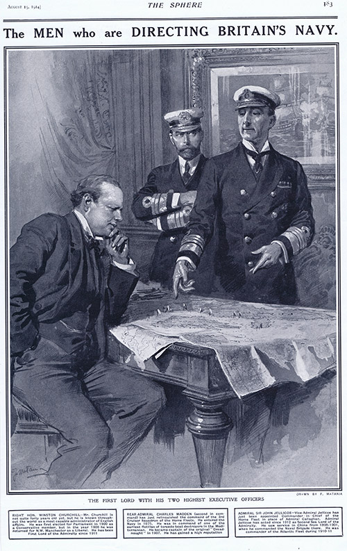 The Men who are Directing Britain's Navy  (original cover page The Sphere 1914) (Print) by 1914 (Matania original prints) at The Illustration Art Gallery