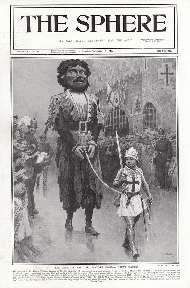 The Giant at the Lord Mayor's Show 1913  (original page The Sphere 1913) (Print) art by 1913 (Matania original prints) at The Illustration Art Gallery