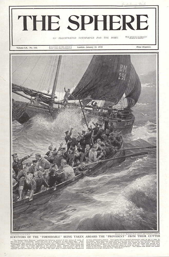 Survivors of the 'Formidable' being Rescued  (original cover page The Sphere 1915) (Print) art by 1915 (Matania original prints) at The Illustration Art Gallery
