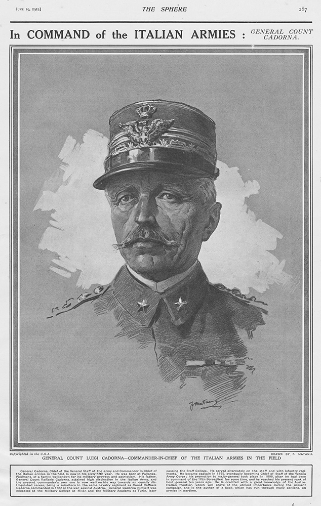 General Count Luigi Cadorna, Commander in Chief Italian Armies 1915  (original page 1915) (Print) art by 1915 (Matania original prints) at The Illustration Art Gallery