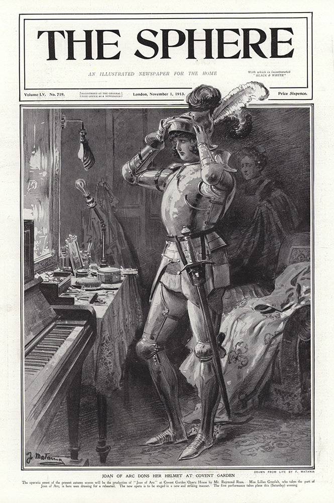 Joan of Arc dons her helmet at Covent Garden  (original page The Sphere 1913) (Print) art by 1913 (Matania original prints) at The Illustration Art Gallery