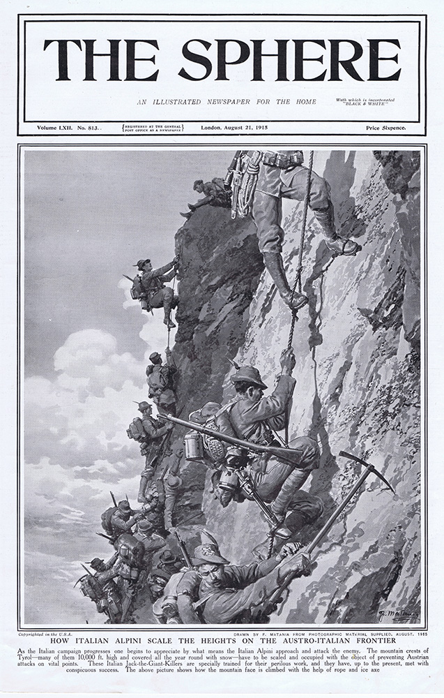The Italian Alpini scale the heights on the Austro-Italian Frontier  (original cover page) (Print) art by 1915 (Matania original prints) at The Illustration Art Gallery