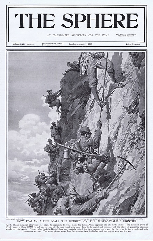 The Italian Alpini scale the heights on the Austro-Italian Frontier  (original cover page) (Print) by 1915 (Matania original prints) at The Illustration Art Gallery