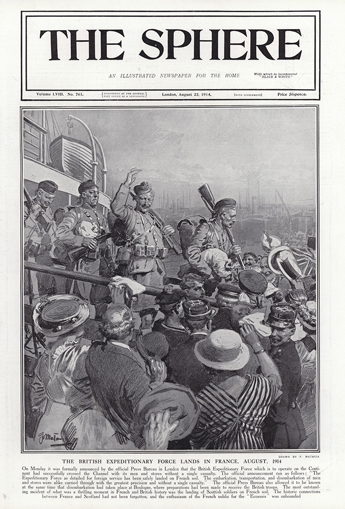 The British Expeditionary Force Lands in France, August 1914  (original cover page 1914) (Print) art by 1914 (Matania original prints) at The Illustration Art Gallery