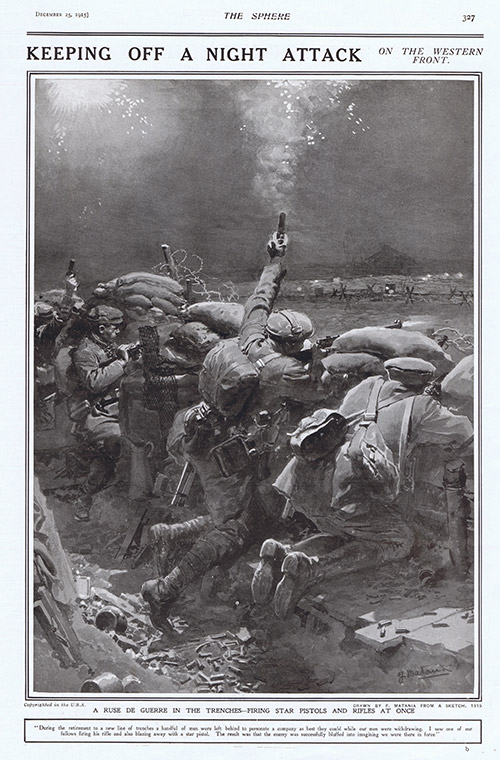 A Ruse de Guerre: Keeping off a Night Attack  (original cover page The Sphere 1915) (Print) by 1915 (Matania original prints) at The Illustration Art Gallery