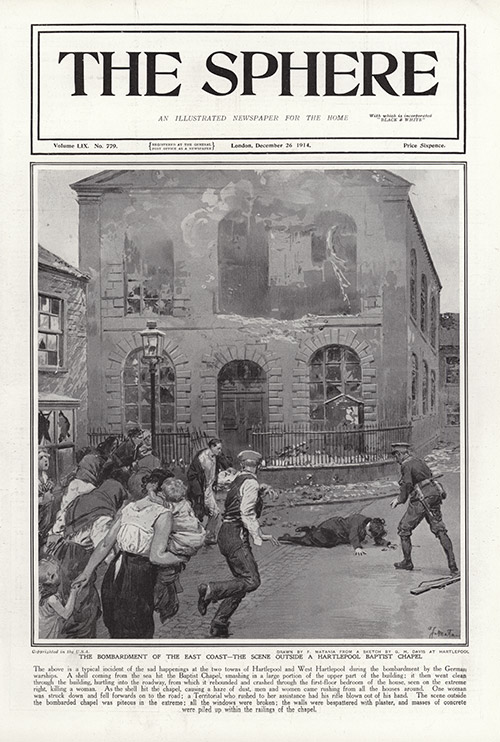 The Bombardment of Hartlepool 1914  (original cover page The Sphere 1914) (Print) by 1914 (Matania original prints) at The Illustration Art Gallery