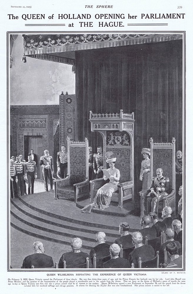 The Queen of Holland opening her Parliament at the Hague  (original page 1913) (Print) art by 1913 (Matania original prints) at The Illustration Art Gallery