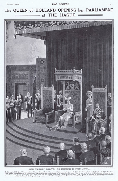 The Queen of Holland opening her Parliament at the Hague  (original page 1913) (Print) by 1913 (Matania original prints) at The Illustration Art Gallery