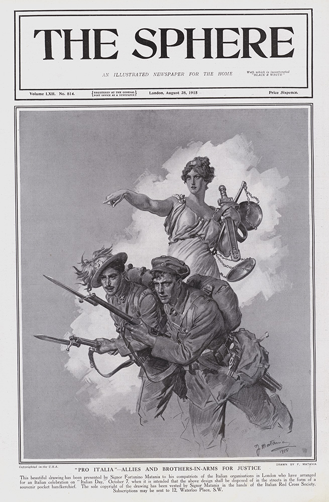 'Pro Italia' Allies and Brothers-in-Arms for Justice (original cover page Sphere 1915) (Print) art by 1915 (Matania original prints) at The Illustration Art Gallery