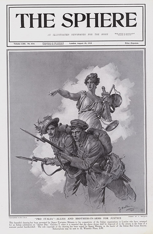 'Pro Italia' Allies and Brothers-in-Arms for Justice (original cover page Sphere 1915) (Print) by 1915 (Matania original prints) at The Illustration Art Gallery