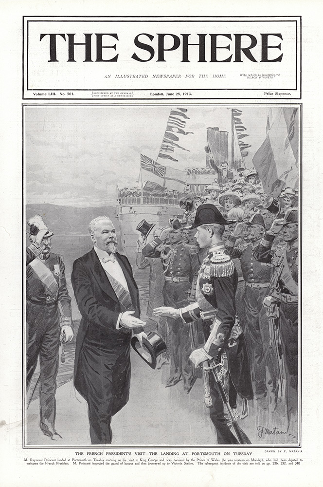 M. Raymond Poincare French President at Portsmouth  (original cover page The Sphere 1913) (Print) art by 1913 (Matania original prints) at The Illustration Art Gallery