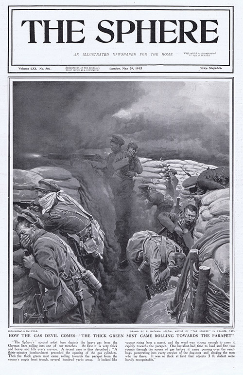 How the Gas Devil comes in the trenches 1915  (original cover page The Sphere 1915) (Print) by 1915 (Matania original prints) at The Illustration Art Gallery