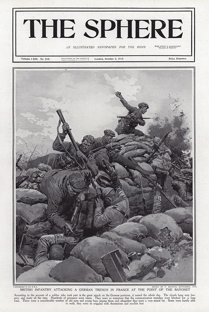 British Infantry attacking a German Trench with Bayonets (original cover page Sphere 1915) (Print) art by 1915 (Matania original prints) at The Illustration Art Gallery