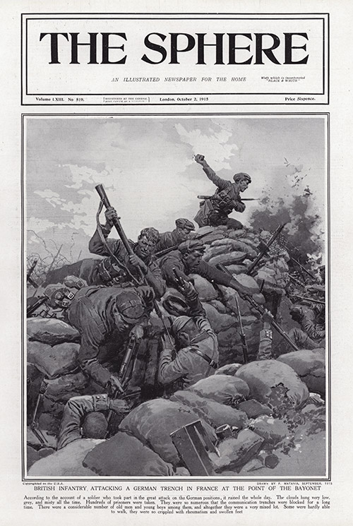 British Infantry attacking a German Trench with Bayonets (original cover page Sphere 1915) (Print) by 1915 (Matania original prints) at The Illustration Art Gallery
