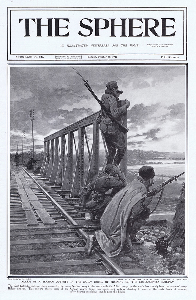 A Serbian Outpost on the Nish-Salonika Railway 1915  (original cover page The Sphere 1915) (Print) art by 1915 (Matania original prints) at The Illustration Art Gallery