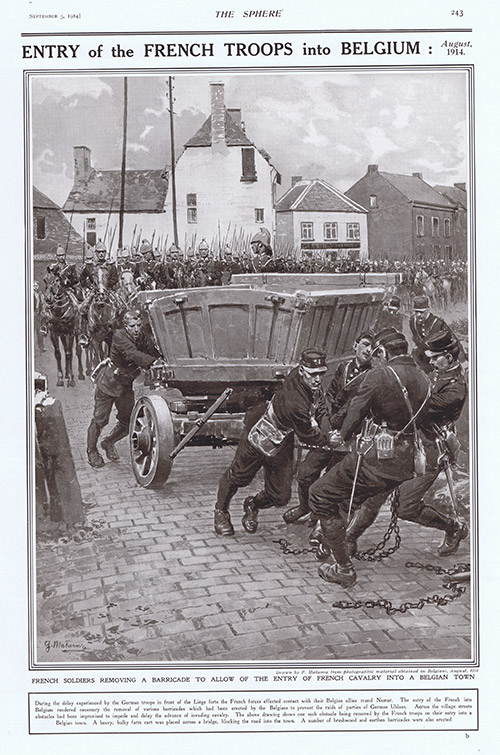 Entry of French Troops into Belgium 1914  (original page The Sphere 1914) (Print) by 1914 (Matania original prints) at The Illustration Art Gallery