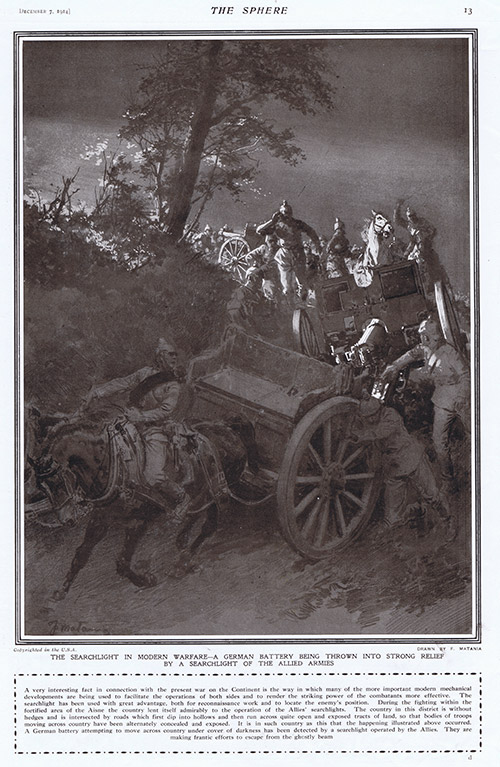 The Searchlight in Modern Warfare 1914  (original page The Sphere 1914) (Print) by 1914 (Matania original prints) at The Illustration Art Gallery