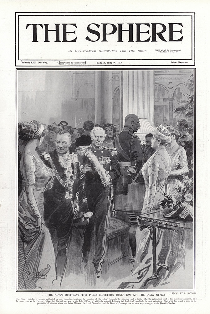 The King's Birthday - The Prime Minister's Reception at the India Office  (original cover) (Print) art by 1913 (Matania original prints) at The Illustration Art Gallery