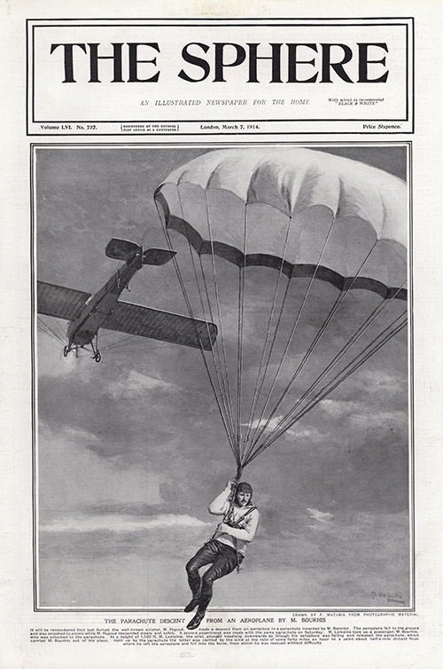 The Parachute Descent by M Bourhis  (original cover page The Sphere 1914) (Print) by 1914 (Matania original prints) at The Illustration Art Gallery
