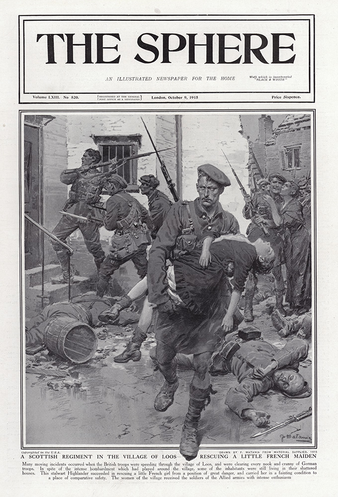A Scottish Regiment in Loos 1915  (original cover page The Sphere 1915) (Print) art by 1915 (Matania original prints) at The Illustration Art Gallery