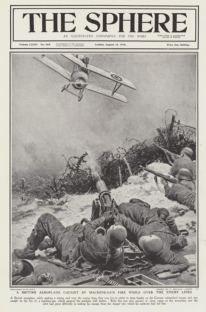 A British Aeroplane caught by German machine guns  (original cover page The Sphere 1918) (Print) art by 1918 (Matania original prints) at The Illustration Art Gallery